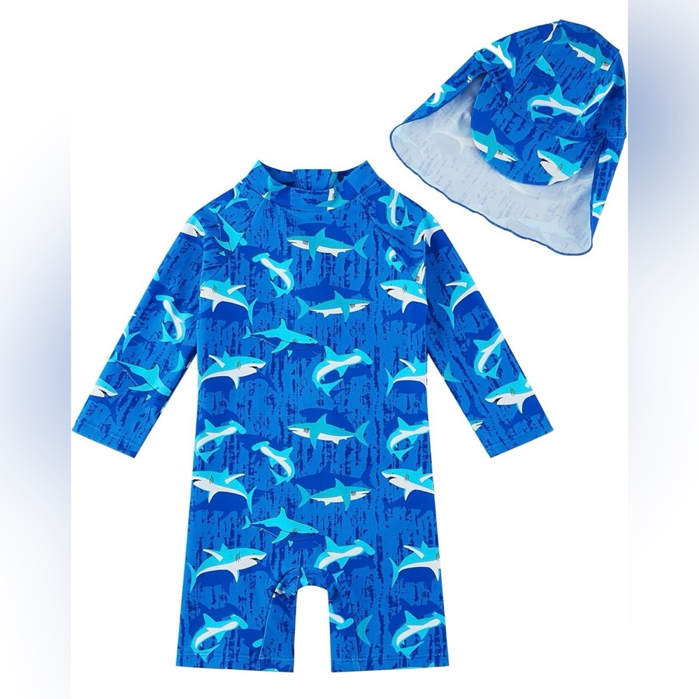 NEW Upandfast UPF 50+ Sun Protection One Piece Swimsuit and Hat Blue Sharks